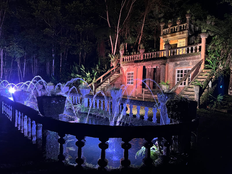 Paronella Park water feature at night