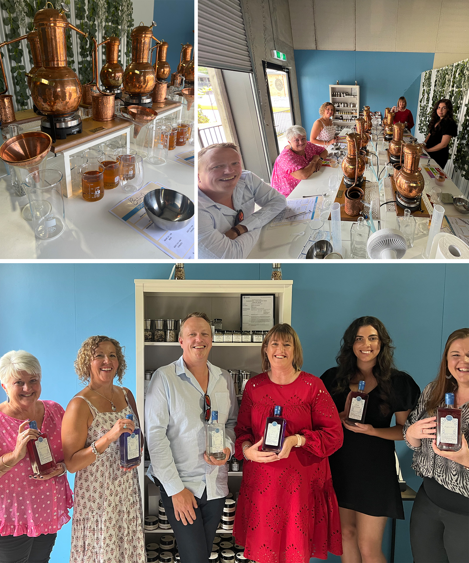 Photos of the team at a gin distilling class.